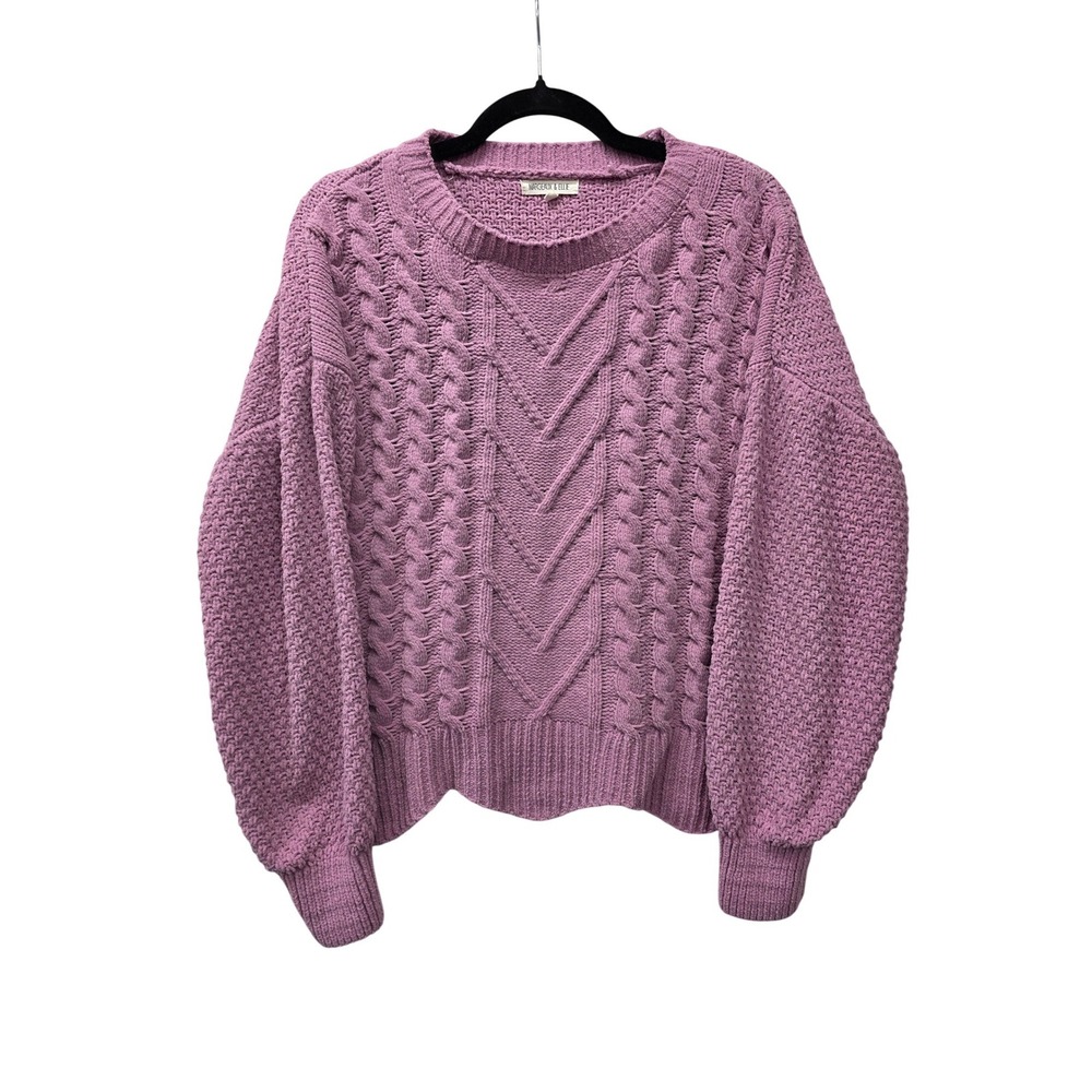 Margeaux & Ellie Mauve Chenille Cable Knit Sweater Balloon Sleeve Purple Large